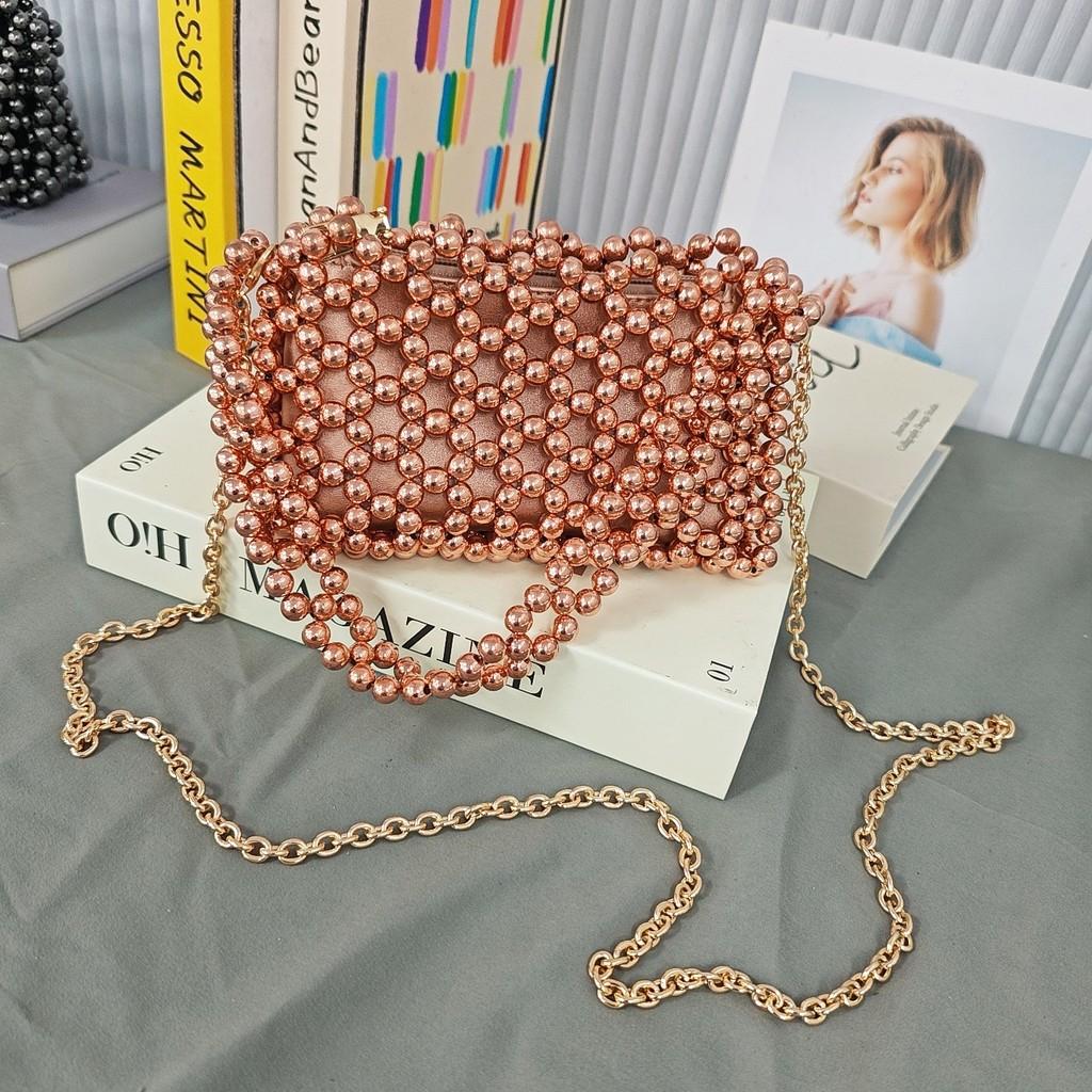 Acrylic Beaded Handwoven Clutch Bag With Zipper Closure For Daily Fashion