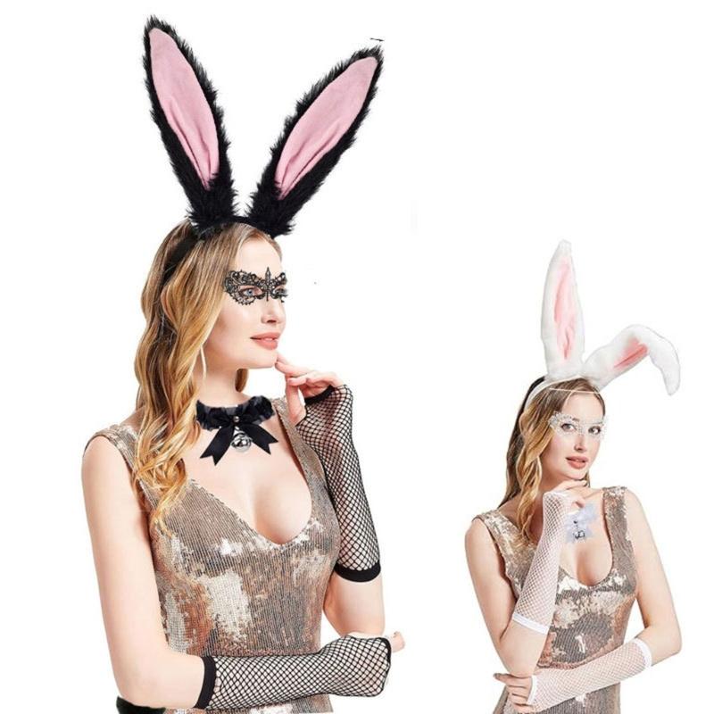 Hasenohren Stirnband Kragen Fliege Manschetten Hasen Schwanz für Halloween Cosplay Party Osterhasen Kostüm Set für Damen