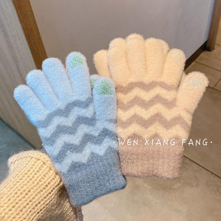 Warm Winter Gloves for Women Korean Couple Touch Screen Five Pointer Knitted Men Riding Bicycle Plus Velvet Student Thickened Cute Jacquard