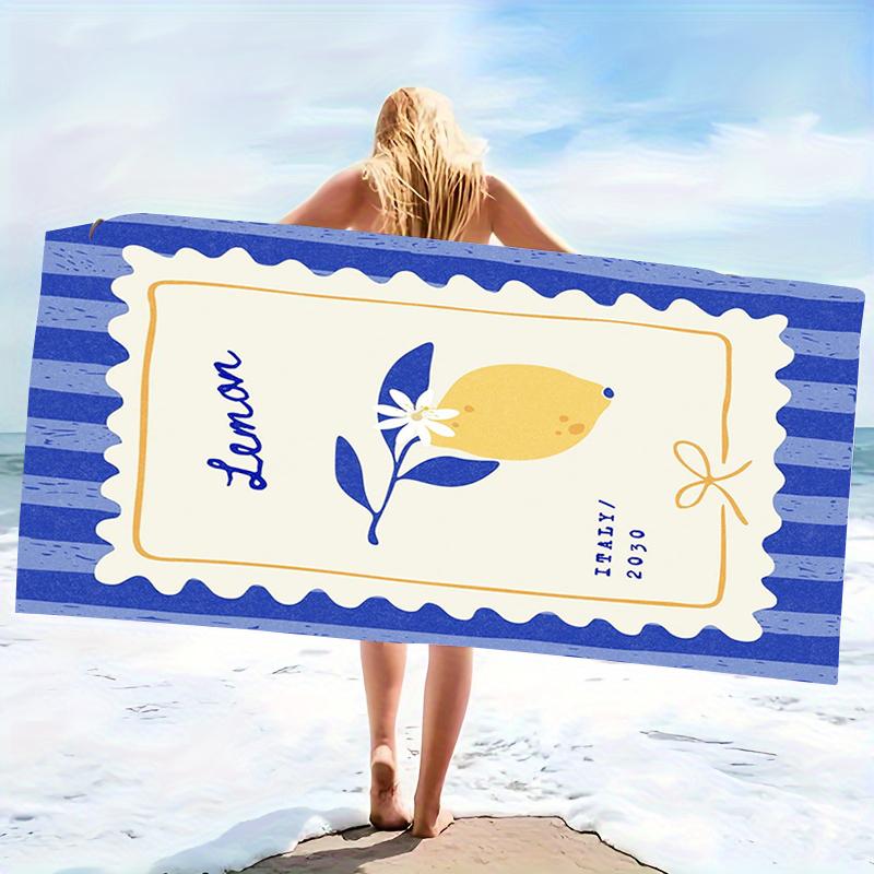 Klassisches nautisches gestreiftes Zitronen-Mikrofaser-Strandtuch Groß Blaues Stempel-Sandfestes Badetuch Leicht Schnell trocknend Schwimm
