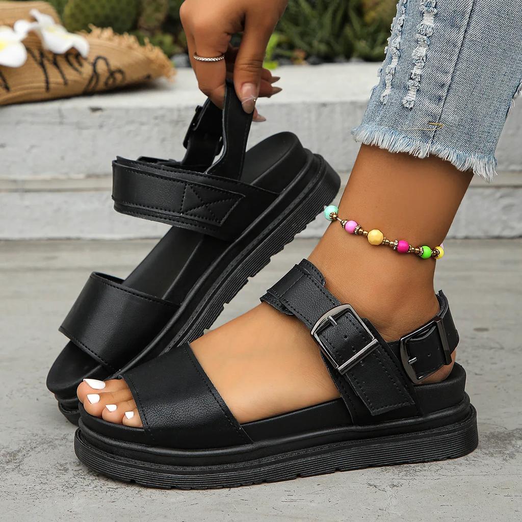 Fashion Large Size Sandals Women 2025 Summer New Black Platform Middle Heel Casual Ladies Shoes Roman Style Buckle Beach Sandales Femmes