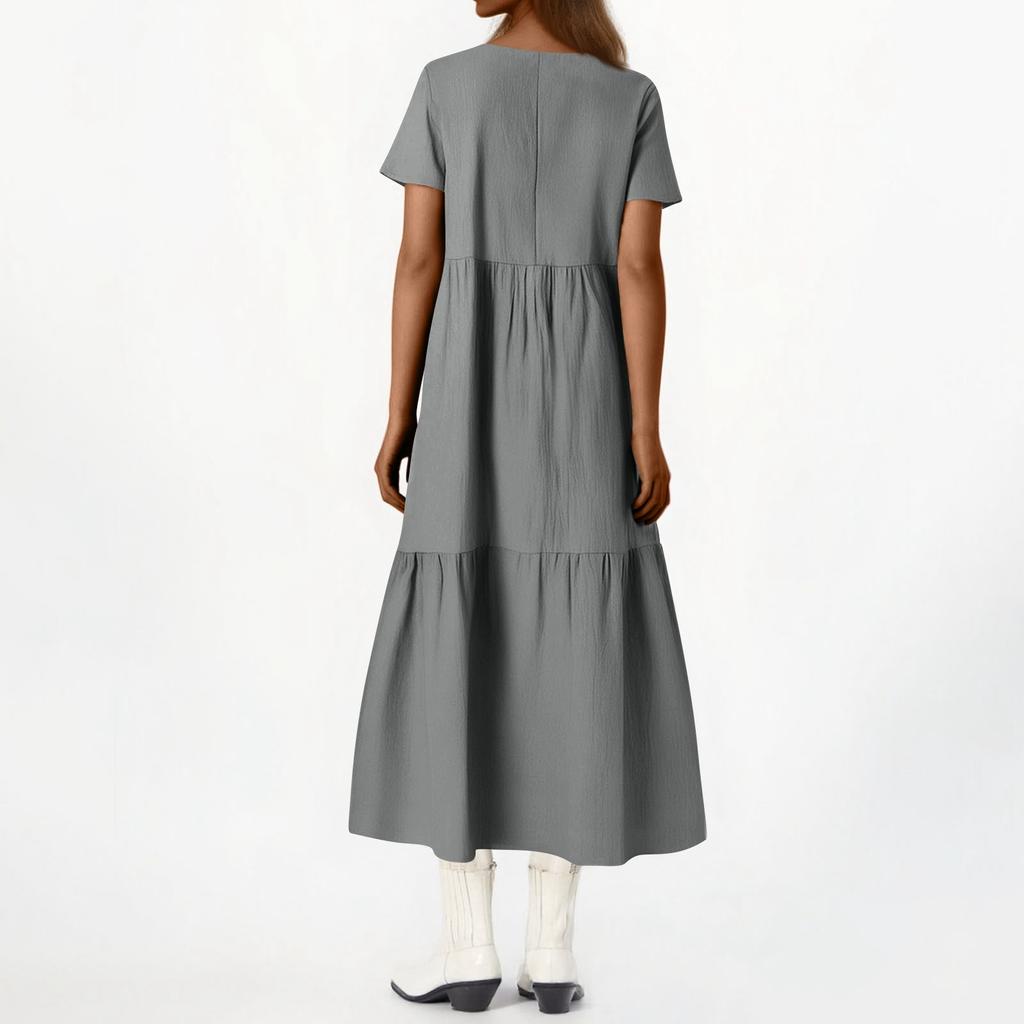 Women's Summer Fashion V-neck Solid Color Large Size Loose Long Large Swing Short-sleeved Dress