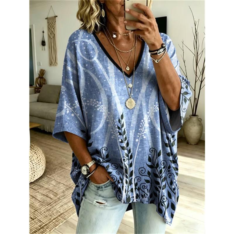 T-shirt da Donna Taglie Forti con Scollo a V e Maniche a Pipistrello Stampa Etnica Bohemien Top Largo Estivo Comodo Traspirante per il Pendolarismo Quotidiano Casual