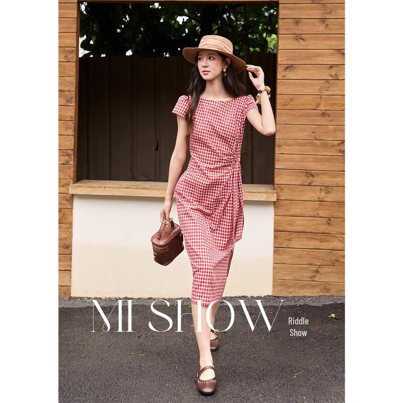 French Plaid A-Line Waist-Tie Dress Long S