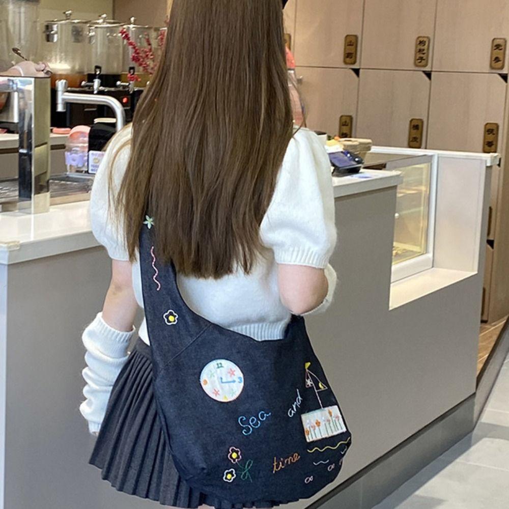 Retro Denim Canvas Bag Cloth Embroidery Tote Bag Vintage Cartoon Pattern Shoulder Bag  Travel
