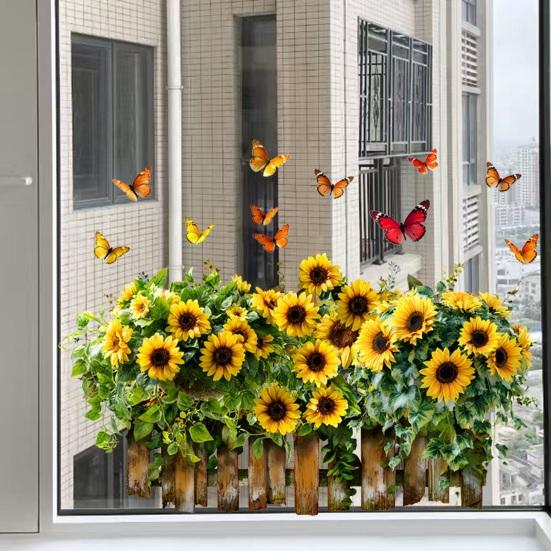 Flower Butterfly Window Cling PVC Spring Floral Window Decals Anti Collision Removable Stickers for Home Party Shop Glass Door Window Decoration