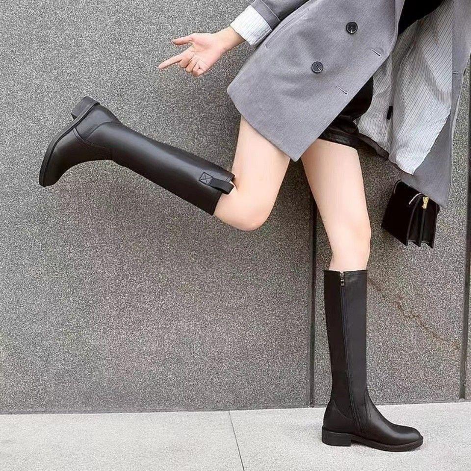 Fashion Black Middle Heel Round Toe Knee High Shaft Shoes Woman Autumn Winter Designer Luxury New in Warm Leather Long Boots for Women