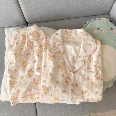 Yazlık yeni pijama kadın kısa kollu şort ince bulut pamuğu çizgi film sevimli büyük beden Kore versiyonu ev giysisi