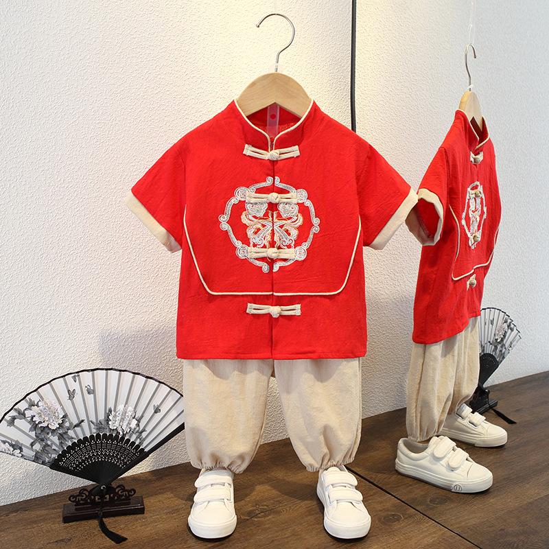 Children's Hanfu Tang suit summer short-sleeved suit boys and girls Chinese style dress handsome cotton and linen thin children's two-piece suit