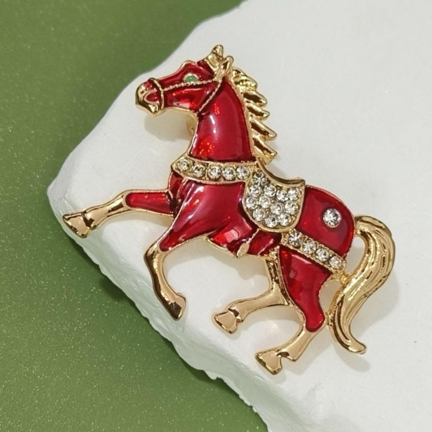 Elegant Red Horse Rhinestone Butterfly Pin - High-Grade Alloy Brooch for Coats & Sweaters