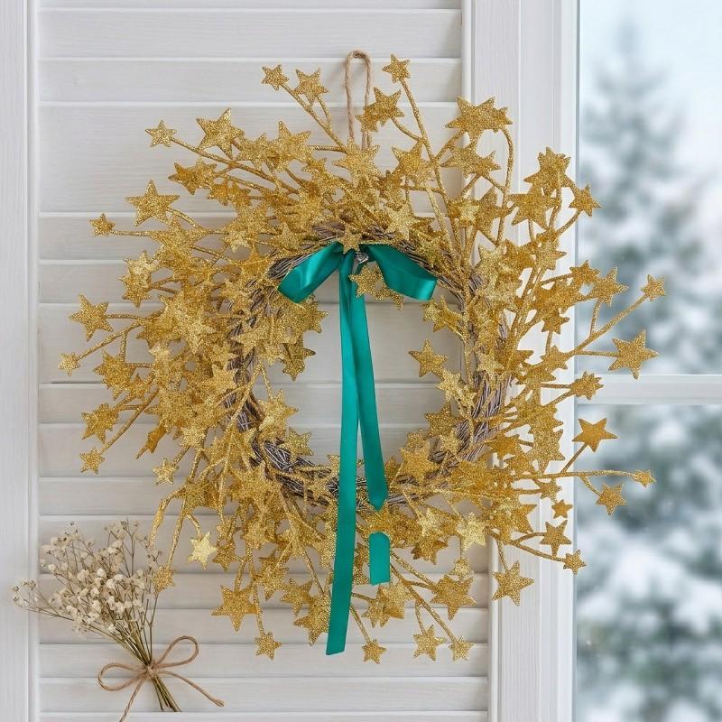 Golden Glitter Star Wicker Wreath Door Hanging Decor With Bow Festive Home Entrance Decoration