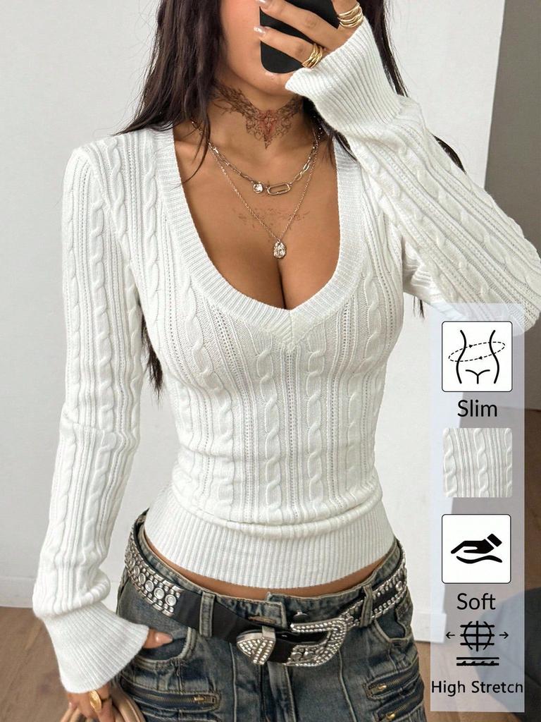 Women's Cable Knit Sweater, Long Sleeve Slim Fit Pullover with V Neck or Crew Neck Options