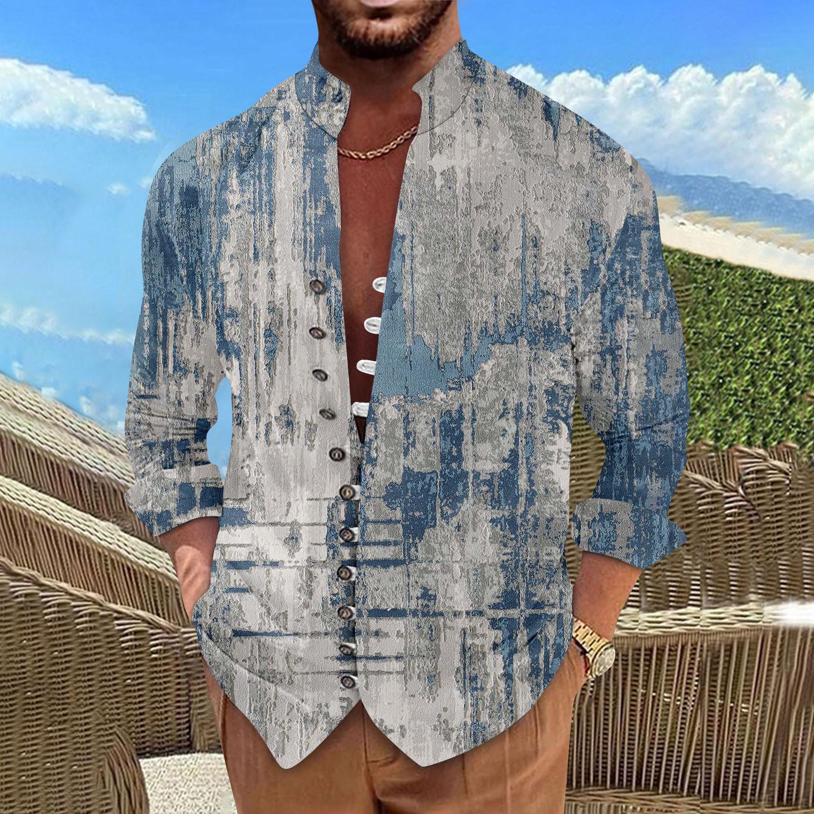 

Мужская ретро повседневная свободная рубашка с длинными рукавами и принтом, модный топ с воротником-стойкой XXL