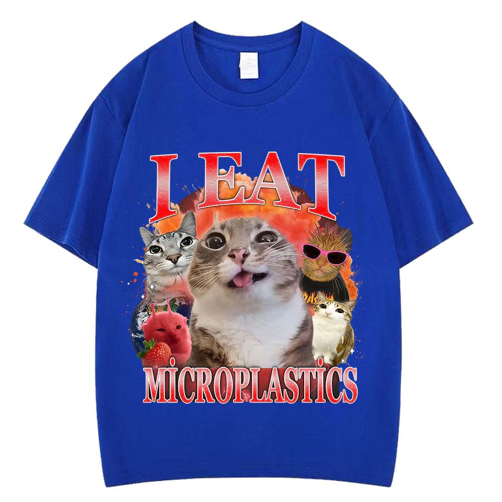 I Eat Microplastics Funny Cat Meme T-shirt Men Women Fashion Oversized T-shirts Casual Cotton Loose Short-sleeved T Shirts