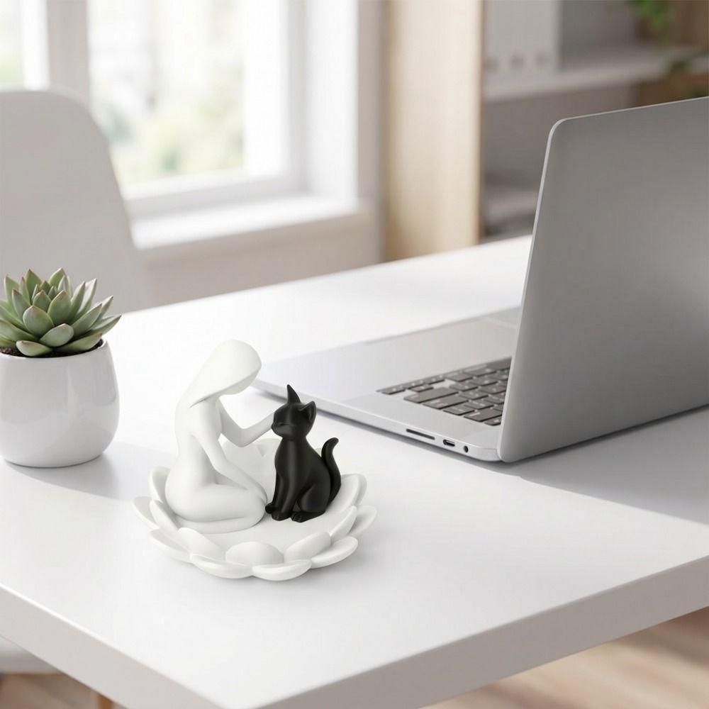 Creative Girl And Cat Statue 3D Printed Lotus Cat Sculpture Collection Desktop Ornaments Home