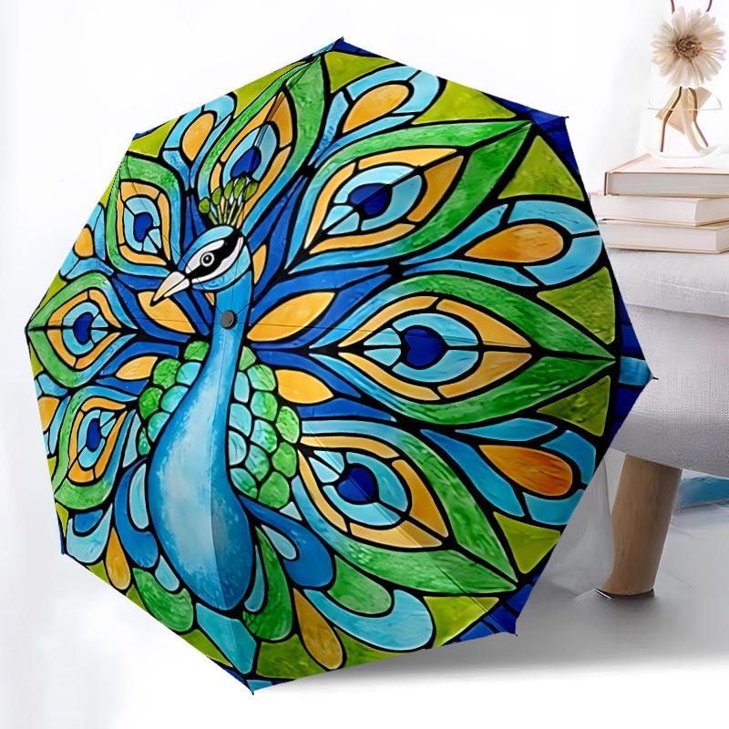 

1pc Peacock Stained Glass Automatic Open/Close Umbrella - Compact Travel Umbrella, Gift for Birthday, Holiday yy260106049