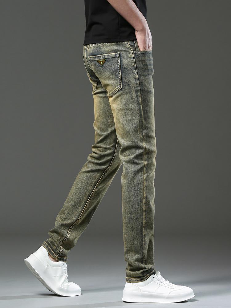 Brass-Colored Men's Slim Fit Retro Distressed Jeans - Trendy Autumn Casual Skinny Pants for Boys.