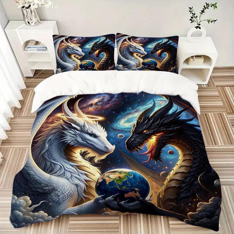 3pcs Two Dragons One Earth Printed Duvet Cover Set (1 * Cover+2 * Pillowcase, Without Core), Suitable for Home Bedroom, Guest Room, Dormitory Dec