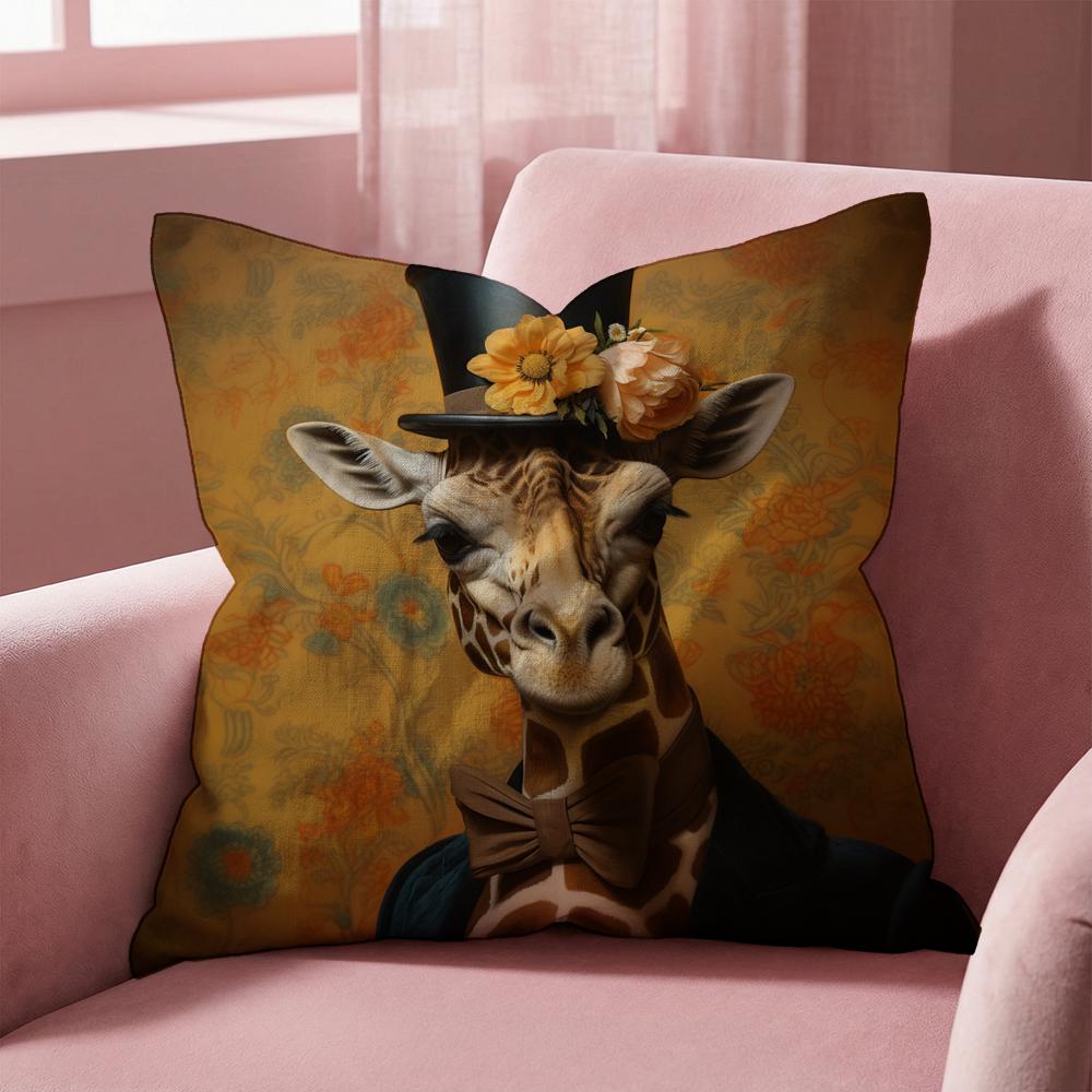 Retro Dressed Up Giraffe THEME Cushion Cover Multi-Scene Pillow Cover for Home & Car - Reversible, Soft & Durable for Daily Use