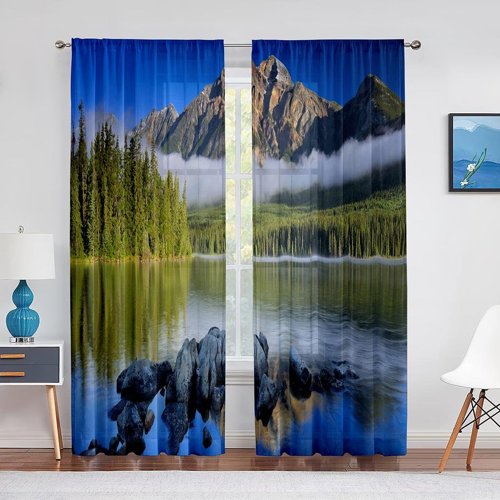Bergsee Frühling Naturlandschaft Voile Vorhang für Schlafzimmer Wohnzimmer Küche Blumen Feld Fenster Vorhänge 2 Paneele Drapierung