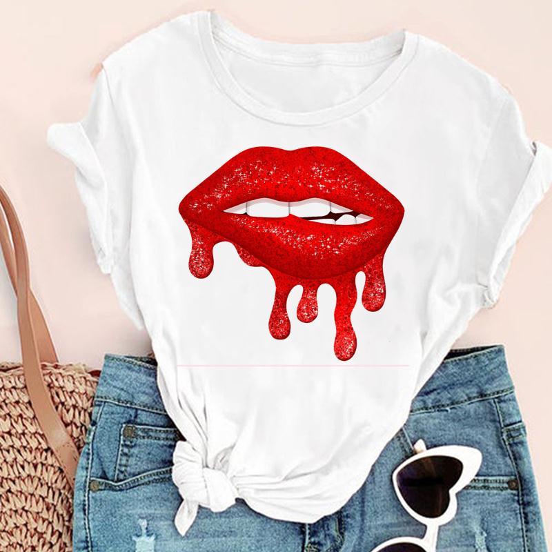 Tricou cu gât în ​​formă de O pentru femei Tricou la modă pentru femei Tricou cu mânecă scurtă cu buzele roșii Tricou cu mânecă scurtă pentru femei