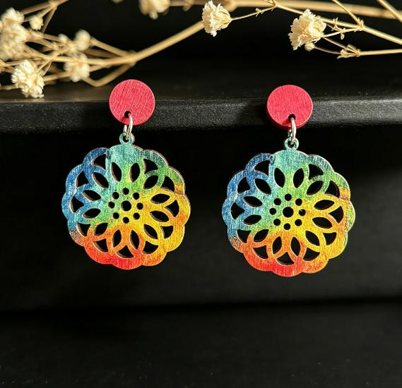 Colorful Hollow Wood Stud Earrings: European & American Fashion, Versatile & Trendy