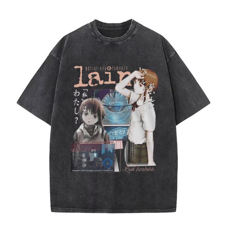 Anime Giapponese Seriale EsperiUnisexts Lain Vintage Lavato Maglietta Unisexga Iwakura Ragazza Sci Fi T-shirt Unisex Cotone Casuale Maglietta
