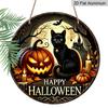 2D Flat, 1pc Vintage Halloween Black Cat Wall Decor, Round Aluminum Hanging Sign Featuring "Happy Halloween" Text, Pumpkin Lantern And Bat Patterns