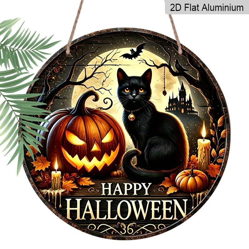 2D Flat, 1pc Vintage Halloween Black Cat Wall Decor, Round Aluminum Hanging Sign Featuring "Happy Halloween" Text, Pumpkin Lantern And Bat Patterns