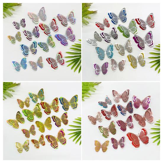 6 Pcs 3D Butterfly Wall Stickers Double-Layer Wing Butterfly Wall Art Glitter Sequined Removable Hollow Mural Decals for Birthday Cake Decoration