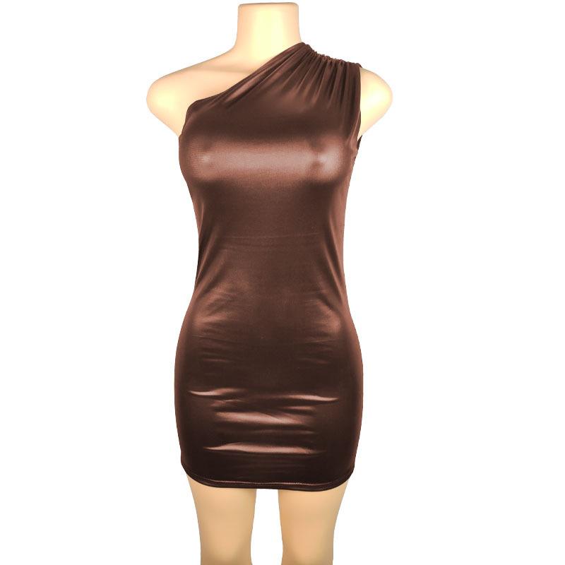 Sexy Diagonal Collar Imitation Leather Slim Bodycon Dress Women Sleeveless Non Leather Skinny Dress Elegant Club Party Vestidos
