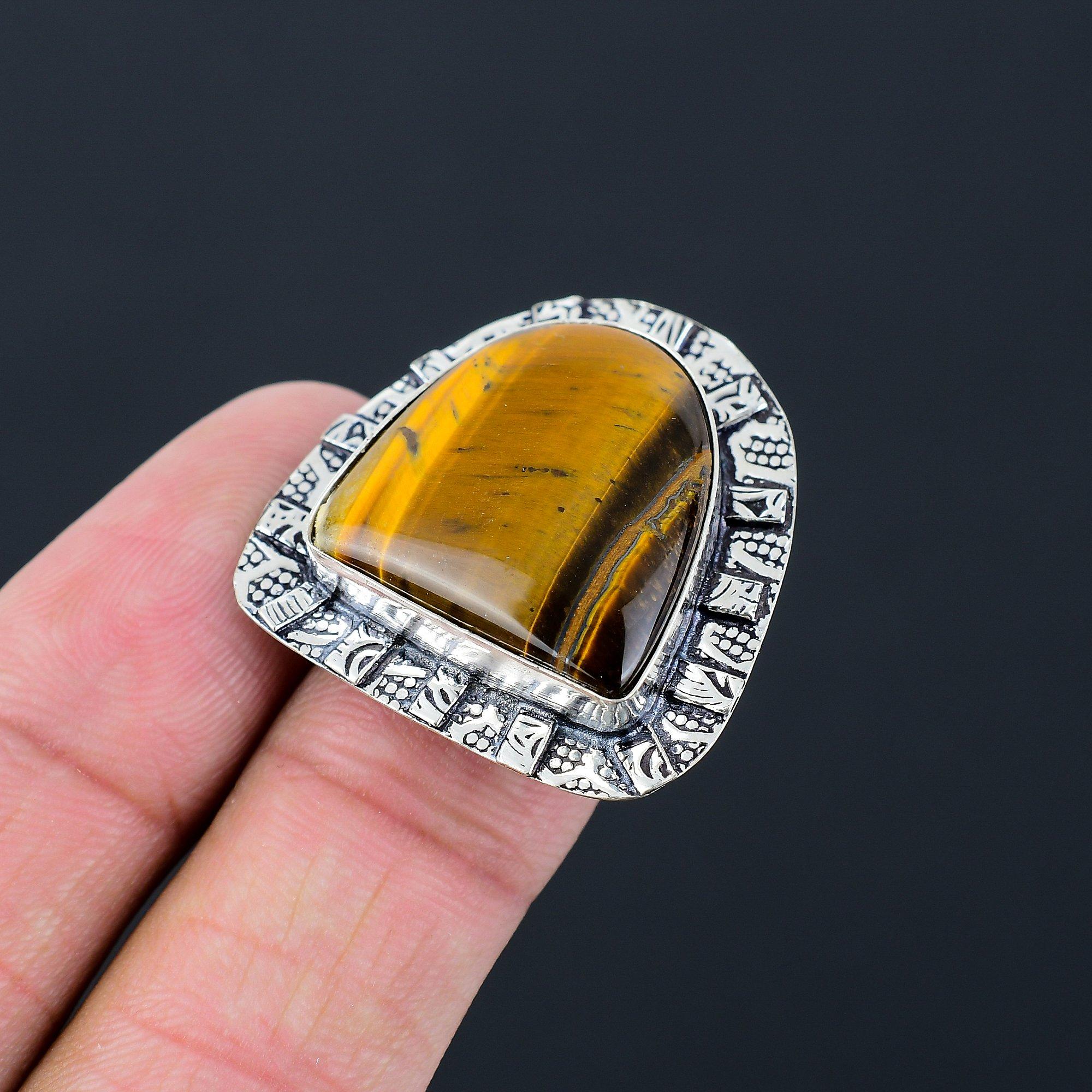 

Daughters Day Deal 925 Silver Iron Tiger Eye Stone Statement Mother Ring US 6.5 6.5