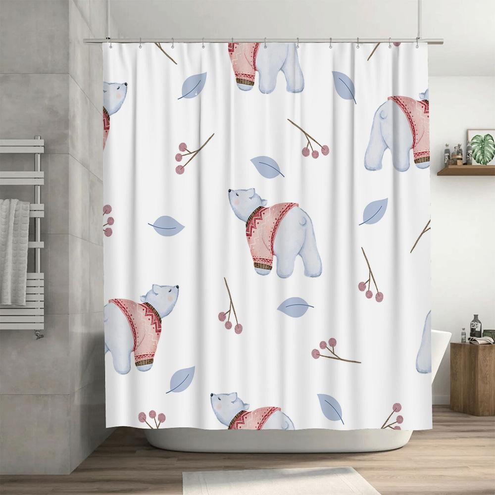 Winter-Themed Shower Curtain Featuring Cute Polar Bears Wearing Cozy Sweaters With Red Berries Leaves Design For Bathroom Decora