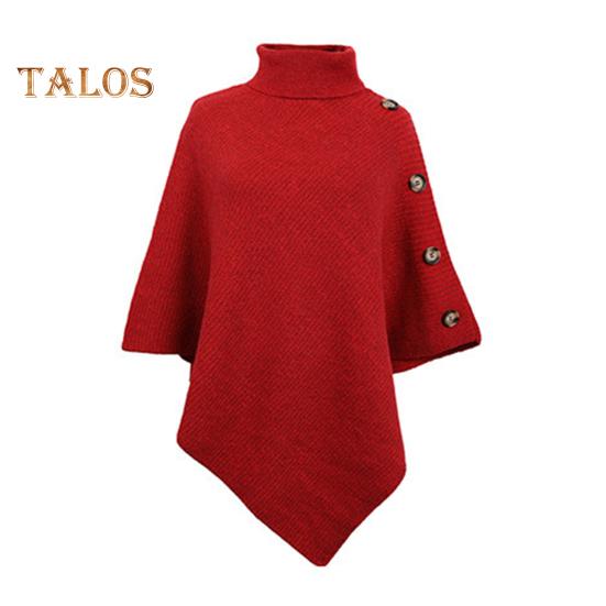 Women Sweater Tops High Collar Solid Color Cape Style Sweater Coat Button Decoration Loose Fit Casual Commuting Knitting Top