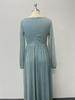 European Style Shiny Pleated Long Sleeve V-Neck A-Line Evening Gown