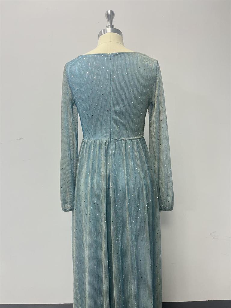 European Style Shiny Pleated Long Sleeve V-Neck A-Line Evening Gown