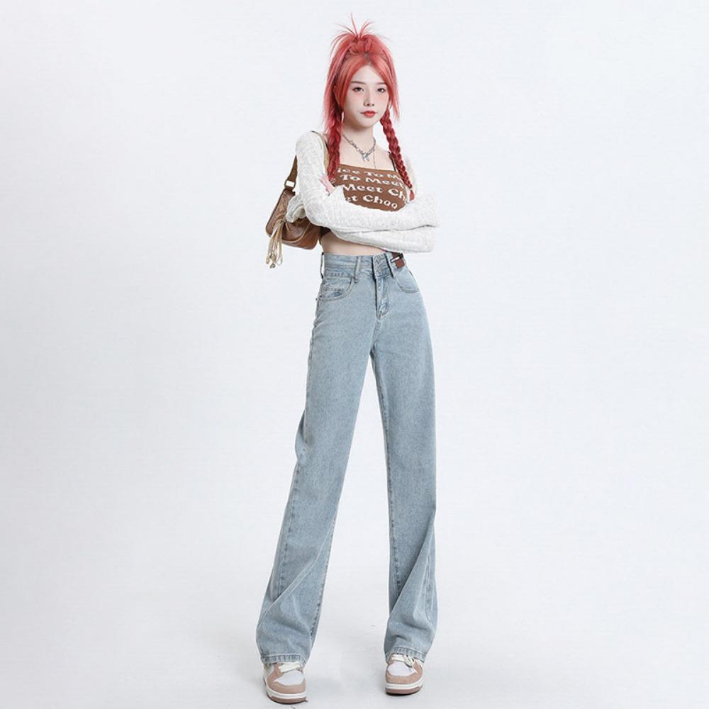 High Street Double-breasted Leather Brand Design Wide Leg Mopping Jeans Women's Spring and Summer New High Waist Straight Jeans