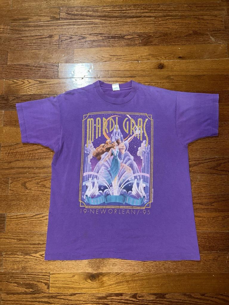 Vintage 1995 Mardi Gras Art T Shirt Mens XL Purple Princess Prince Short Sleeve Unisex T-Shirt