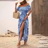 Women Summer Casual One Shoulder Sleeveless Flower Print Dress High Waist A-Line Belt Slit Ankle-Length Collar Dresses Spring