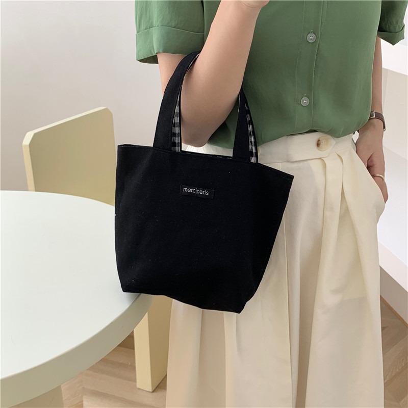 

1 Fresh double-sided plaid bag dual-purpose canvas bag tote bag female student handbag bento bag