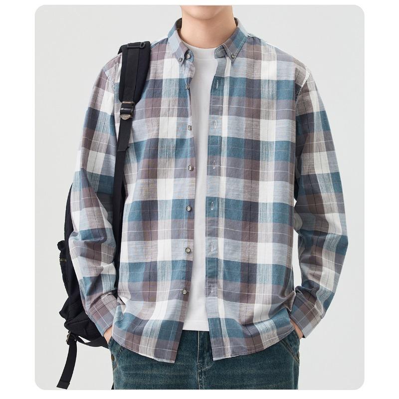 Men's Plaid Gradient Long Sleeve Button Down Shirt Casual Top.