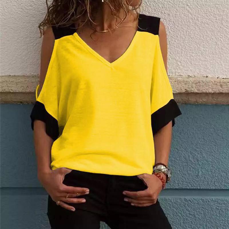Large Sizes 5XL Summer Women's T-shirt Stitching Contrast Color Off-shoulder V-neck Short Sleeve T-shirt Tops