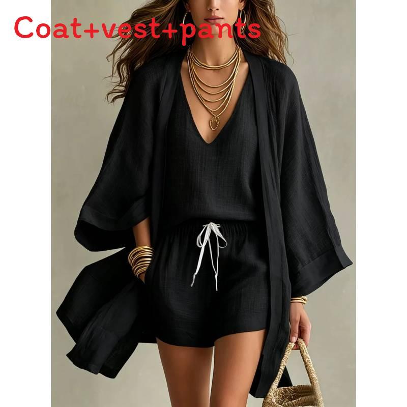 Summer Casual Set For Women With Sleeveless Cardigan And Shorts Made Of Cotton Linen For Relaxed Wear