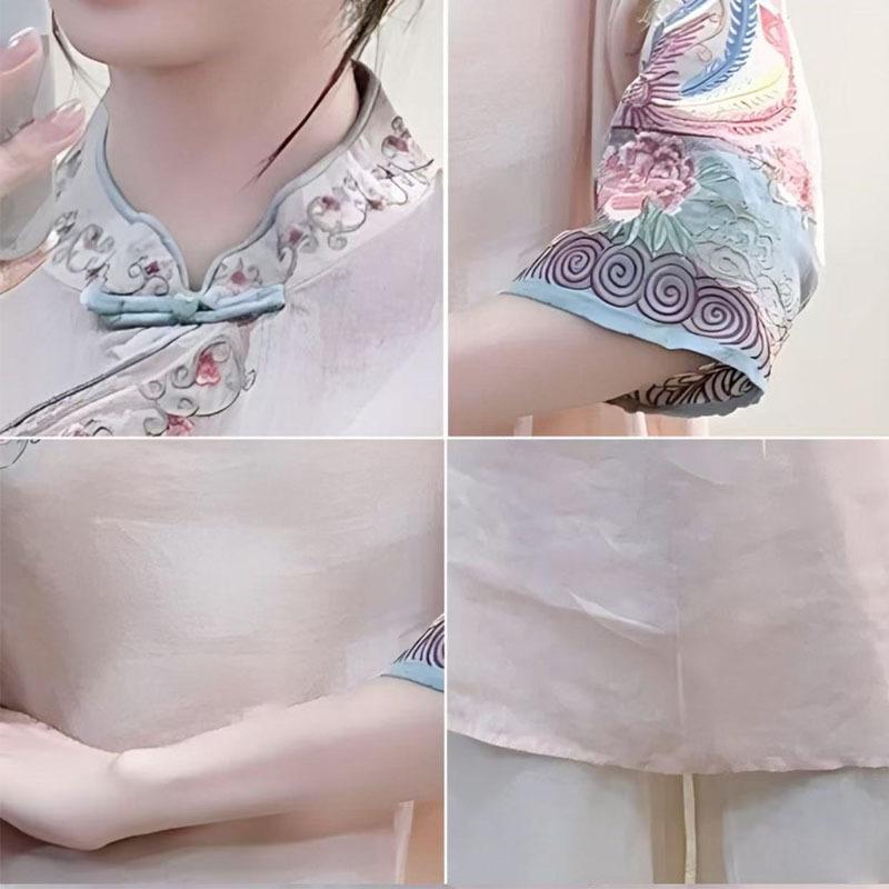 Women's Spring Summer New Chinese Style Cotton Linen Dress Mandarin Collar Frog Button Heavy Embroidery Loose Zen Literary Slimming Midi Dress