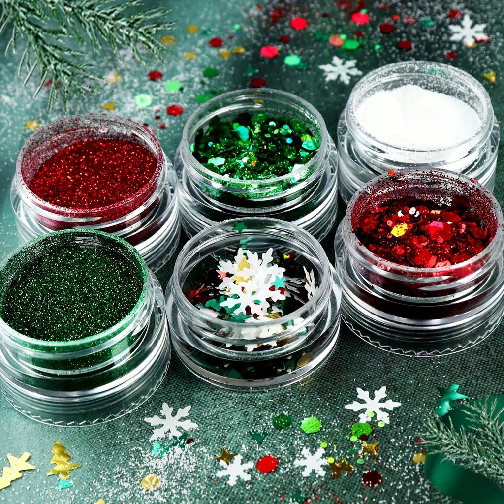 Christmas Resin Filler Glitter Flakes 6-Pack - Festive Red & Green Sparkling Sequins - Snowflake, Christmas Tree & Star Confetti