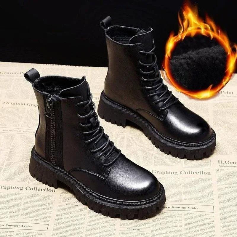 Kvinners tykksålede støvletter i britisk stil Nye støvletter Vill vinter Korte støvletter Damesko Bomullssko Vinter Pluss Fløyel