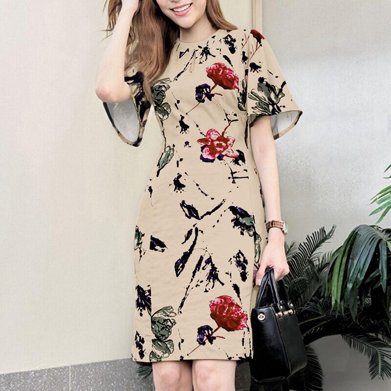 

ZANZEA Женское повседневное летнее платье с круглым вырезом, оборками и короткими рукавами с принтом 5XL абрикосовый