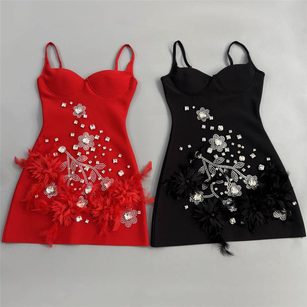 2026 Women's Rhinestone Feather Spaghetti Strap Bandage Mini Dress - Little Black Prom Party Dress
