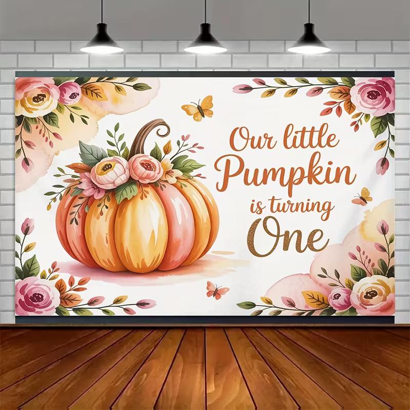 2D Floral & Butterfly Pumpkin Backdrop for Autumn Baby Shower and 1st Birthday Decor