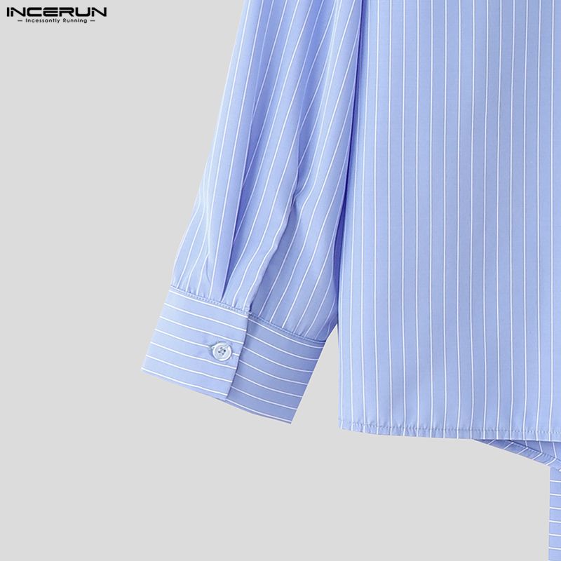INCERUN Men Spring Turn Down Collar Long Sleeve Side Twisted Striped Print Shirts Tops